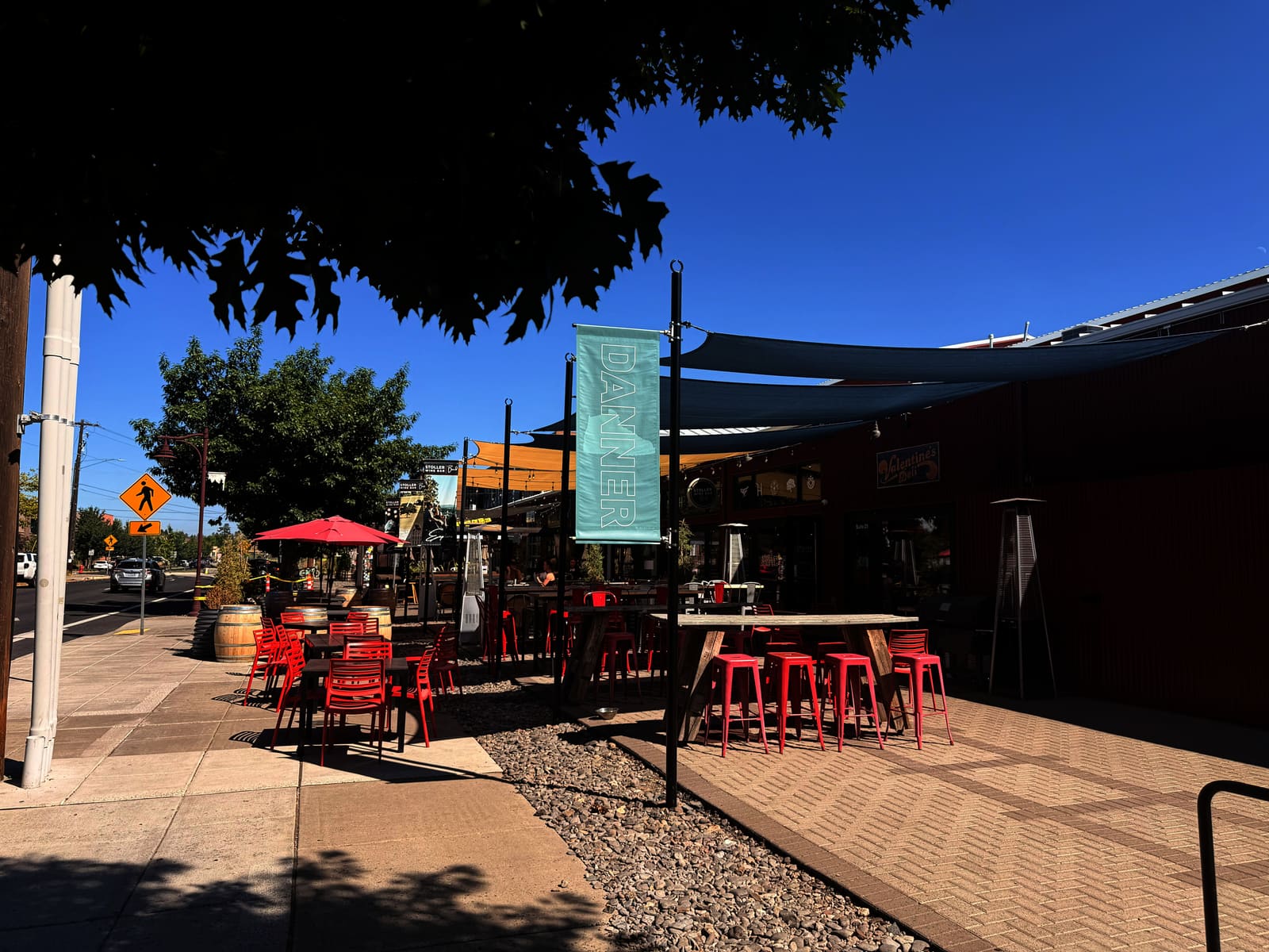 Outdoor patio seating at the Box Factory in Bend, Oregon