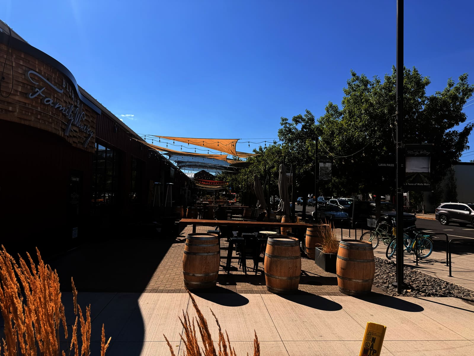 Outdoor wine bar seating near the Box Factory in Bend, Oregon