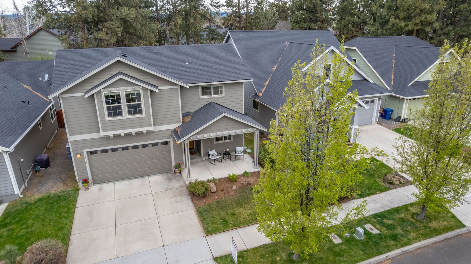 Aerial view of a Bend, Oregon home exterior and neighborhood