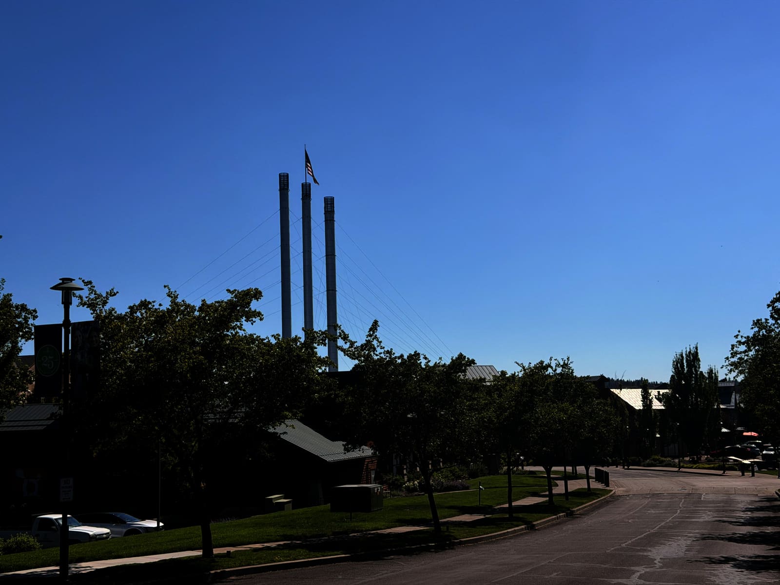 The iconic smokestacks in Bend's Old Mill District