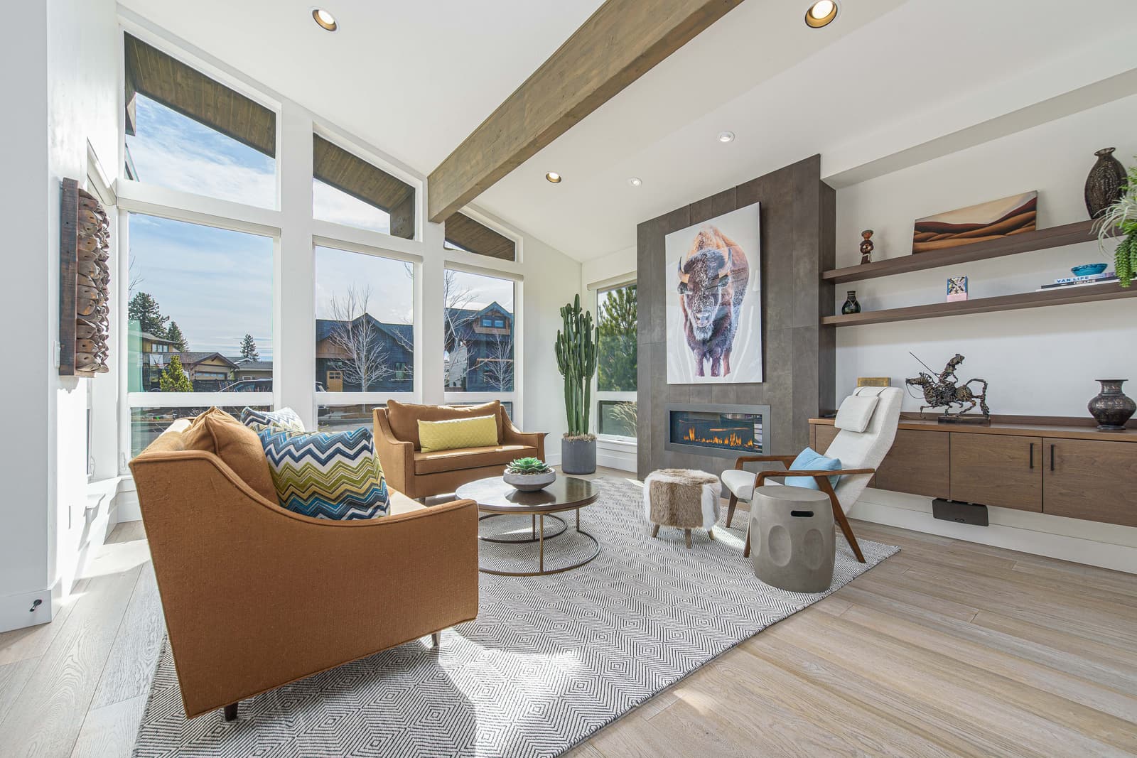 Bright staged living room in a modern Bend Oregon home